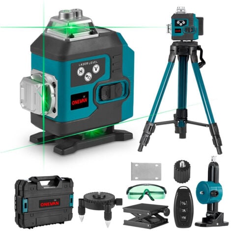 ONEVAN Niveau laser vert 4x360°,16 Lignes 4D Laser Auto-Nivelant Croisée Outil，Portée de travail 25 m,Avec trépied de 1 m et télécommande, deux Batterie et chargeur