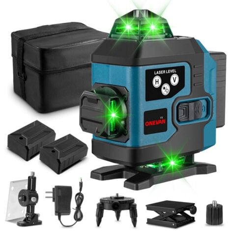 ONEVAN Niveau laser vert 4x360°，16 Lignes Laser Auto-Nivelant Croisée Outil，Portée de travail 25 m,avec télécommande, deux piles et chargeur