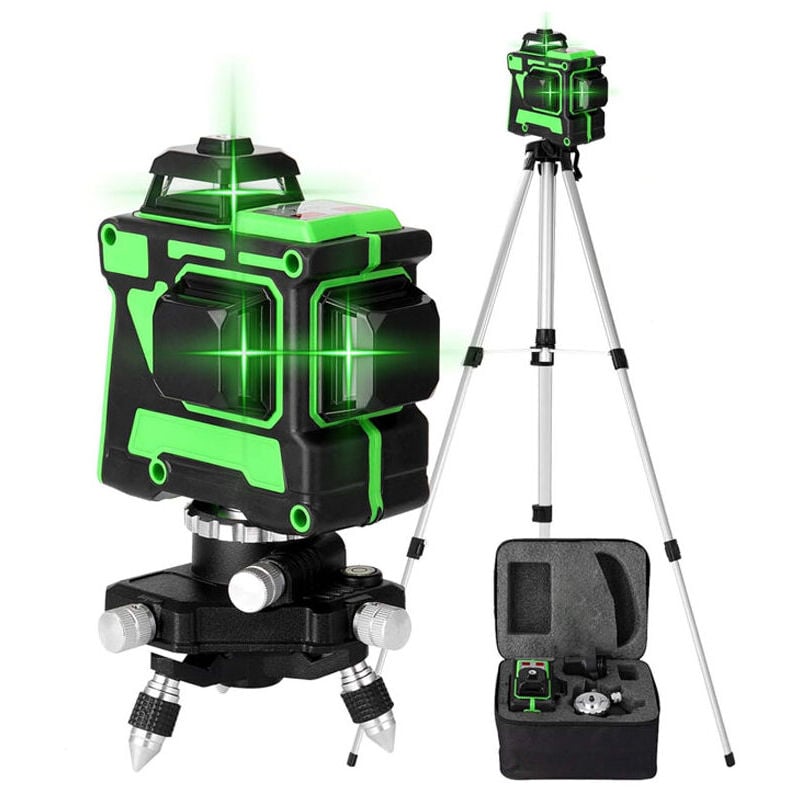 Niveau Laser Vert Autonivelant 3x360°, Rotatif 3D 12 Lignes Autonivellement Niveau Laser , Hauteurs Réglable Barre D'extension Trépied