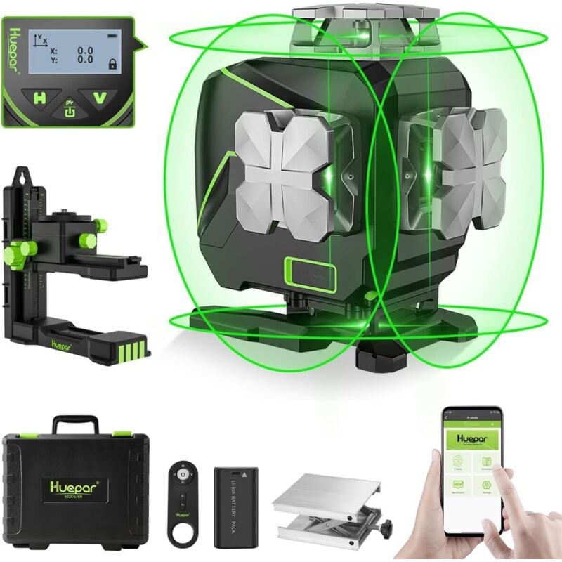 Niveaux Laser Huepar S04CG Niveau Laser Auto-Nivelant Écran lcd, Bluetooth Faisceau Vert Ligne Croisée Outil Laser Pour Carrelage,Télécommande & Étui