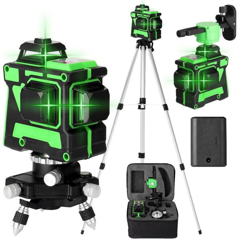 Ej.life - Nivel láser 3D profesional de 12 líneas - Autonivelación 360° - Horizontal/Vertical - Pivote de 120° - Trípode de 1,2 m incluido - Batería