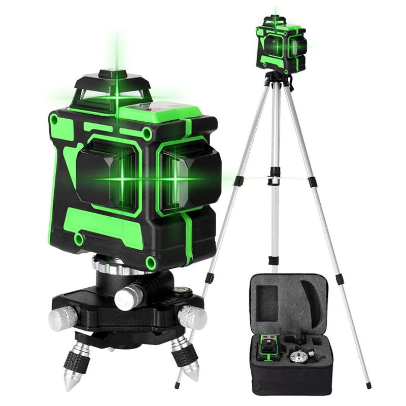 Ej.life - Nivel láser autonivelante verde 3x360°, rotación 3D de 12 líneas, altura ajustable, barra de extensión y trípode.