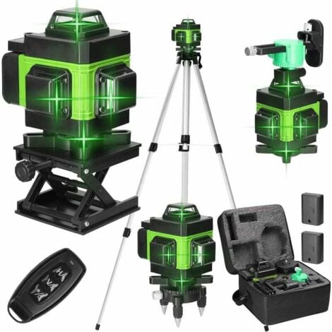 Nivel láser rotatorio Ulisem 4 x 360° 4D de 16 líneas, autoequilibrado, verde, nivelación vertical y horizontal, IP54, 2 baterías recargables, con trípode.