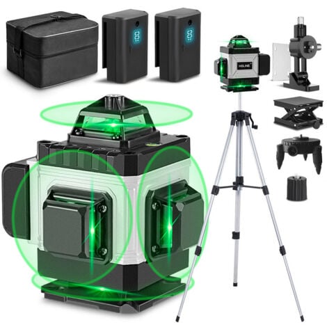 Nivel láser verde 4D de 16 líneas, 360° horizontal/vertical, IP54 con control remoto y estuche de transporte - Trípode de nivel de 150 cm