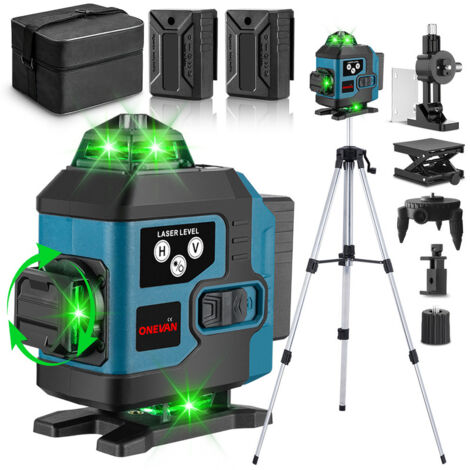 Nivel láser verde 4x360°，16 líneas cruzadas autonivelantes，Alcance de trabajo 25 m,con mando a distancia&trípode de nivelación 150 cm