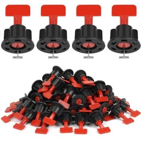 Niveleur de Carrelage, 80 Pièces Réutilisables Kit Nivellement Carrelage Niveleur Cale Carrelage Autonivelant, redresseurs de carreaux avec broches interchangeables 1,5 - Rouge et noir
