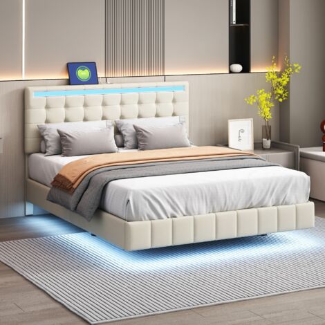 Nmonet – Lit adulte 140x190 cm en lin beige – Sommier à lattes en bois massif – Bande lumineuse LED – Design flottant moderne