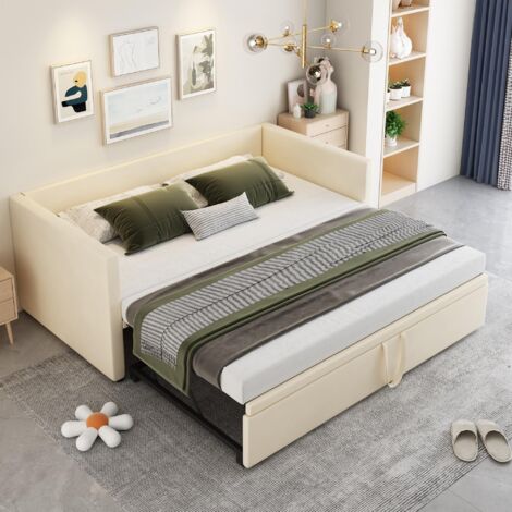 Nmonet – Lit gigogne 90x200cm/180x200cm – Canapé-lit extensible avec sommier à lattes en bois – Velours beige – Charge max 200kg