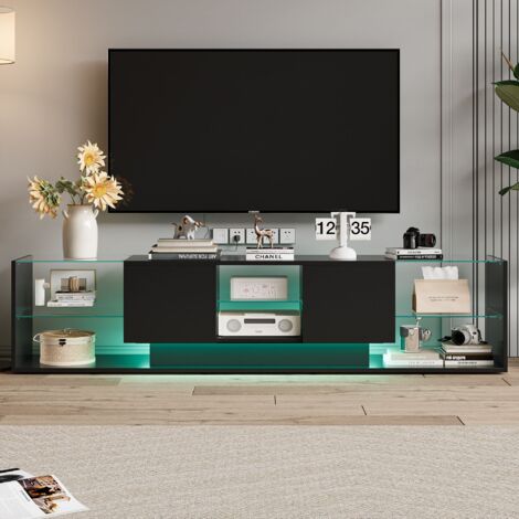 Nmonet – Meuble TV flottant 200 cm noir brillant avec LED – 2 tiroirs et 3 étagères en verre trempé – Pour TV 60-75 pouces – Fixation murale discrète