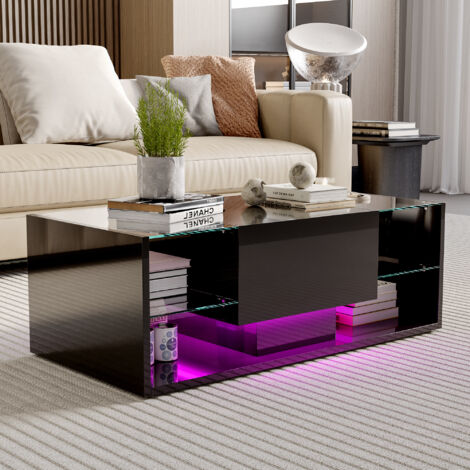 Nmonet – Table basse fixe 100 cm – Verre trempé et MDF – Éclairage LED intégré – Tiroir et 3 étagères de rangement – Finition laquée brillante – Noir