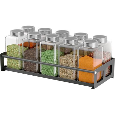 No Drill Wall Mounted Spice Rack Black Metal - Spice Rack for Cabinet Door, Space Saving Kitchen Organizer for Spice Jars and More