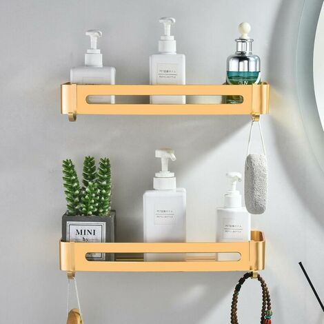 No Drilling Bathroom Shelves, Champagne Gold Metal Shower Storage Wall Mounted Shower Gel Shampoo Organizer