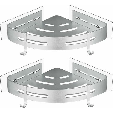 No Drilling Metal Corner Shower Shelf with 2 Hooks, Shower Shelf and Storage, for Bathroom Items 2 Pieces (Silver)