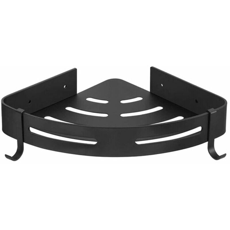 No Drilling Shower Shelf, Bathroom Corner Shelf - Aluminum Storage Basket with Hooks, Shower Tray - Storage Basket (Single Layer)-Black