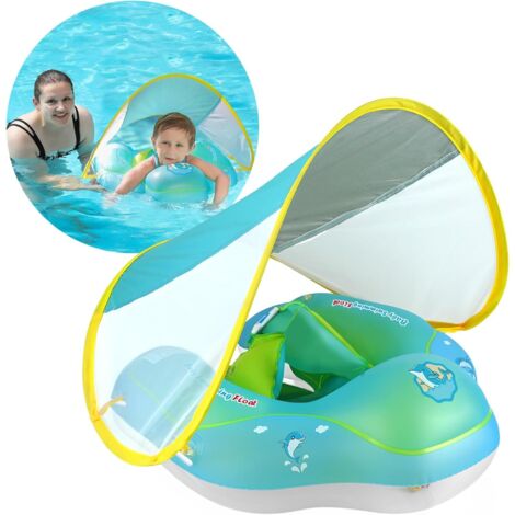 No Flip Over Baby Pool Float with Canopy, Inflatable Baby Float with Sponge Safety Support Bottom,Free Swimming Baby Inflatable Baby Float Baby Swim Floats for Pool 3-36 Months (Blue,L)