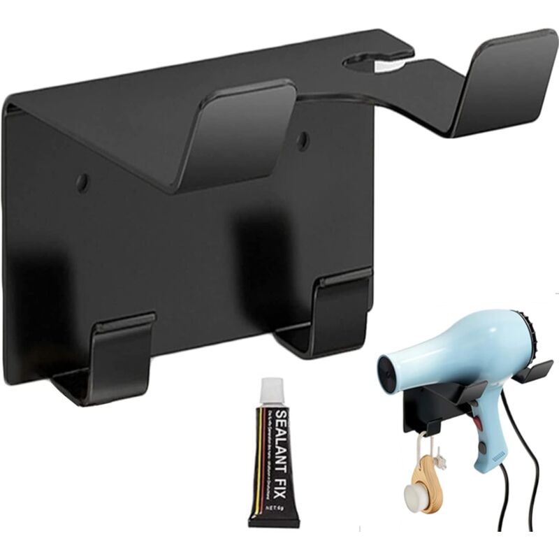 Image of No Hole Hair Dryer Rack nero Viscose Hair Dryer Rack Stainless Steel Wall Mounted Hair Dryer Holder for Hotel Bathroom (With Glue)