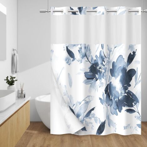 No Hook Shower Curtain with Snap in Liner - Floral Shower Curtain - Fabric Waterproof Inner Liner, Plants Navy Blue Flowers Modern Cloth Shower Curtains - Machine Washable, 71 x 74