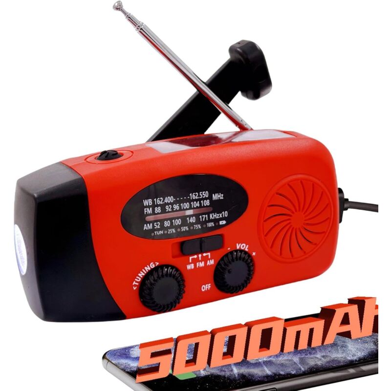 NOAA FM AM Radio météo d'urgence 5000 mAh, radio solaire avec SOS, prise casque, lampe de poche LED, 4 modes, chargeur de téléphone auto-alimenté