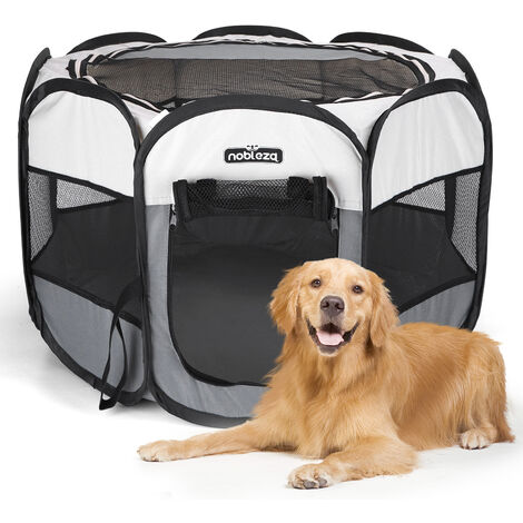 Nobleza Pet Playpen Portable Foldable Dog Cat Play Pen Indoor Outdoor Pet Fence Breathable Mesh Pet Carrier Kennel Soft Cage Tent for Puppy Rabbit Hamster Guinea Pig, Beige and Gray, 49x49x22
