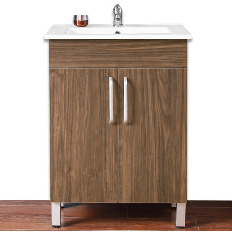 Noce Mobile Bagno 60 cm Salvaspazio . con lavabo in Ceramica e 2 Porta.Con piedini in metallo