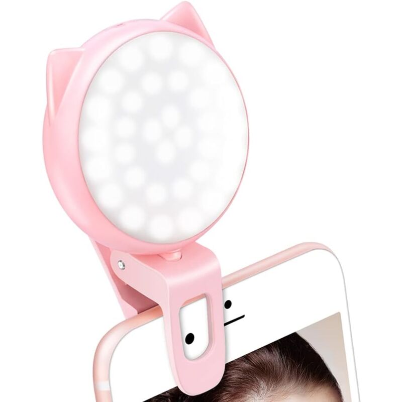 Clip selfie sur anneau lumineux, mini lampe circulaire rechargeable à 9 niveaux de luminosité réglable avec 32 led, 8 heures maximum, lampe flash