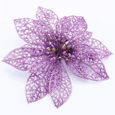 Noël Décoration Glitter Violet Fleurs De Noël Creux Artificielle Tissu Simulation Fleurs de Sapin De Noël pour La Fête De Mariage Décor Ornement (20pcs)