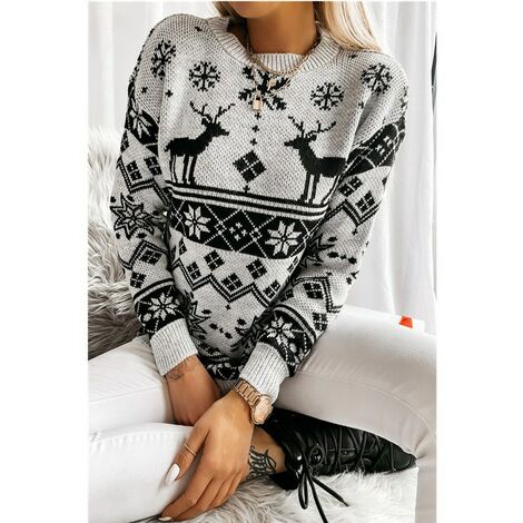 Noël hiver femmes nouveau pull Wishebay Elk flocon de neige pull tricoté jacquard de Noël, gris XL