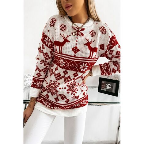 Noël hiver femmes nouveau pull Wishebay Elk flocon de neige pull tricoté Jacquard de Noël, rouge XXL