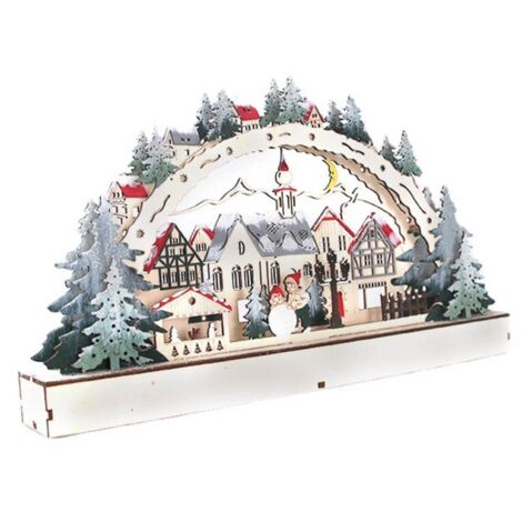 Noel Lumineux, Maison Lumineuse, Flocon Neige en Bois, Centre Commercial LED - Décoration Fenêtre - Cadeaux Table Noël