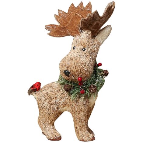 Noël Ornement Élan Paille Artificiel Fait Main, Tête Levée Tournée, Renne Forêt Animal pour Poupée Figurine Debout