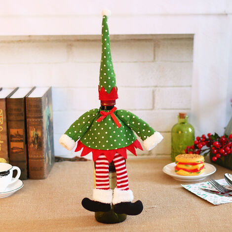 Noël rouge elfe rayure/à pois bouteille de vin couvercle sac chapeau robe ensemble noël décoration de Table de noël