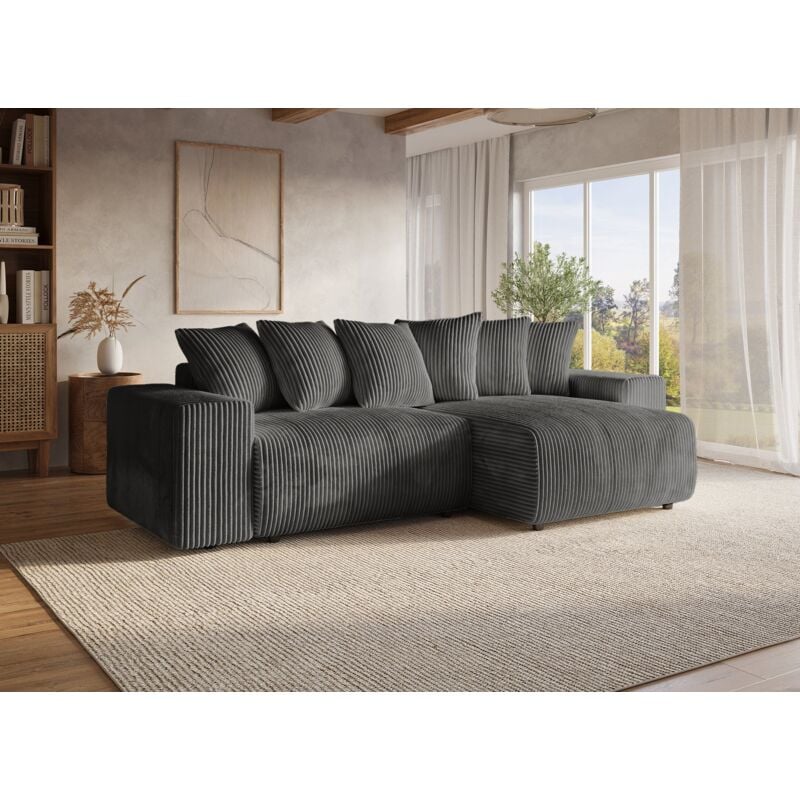 NOELIA - Canapé d'angle réversible convertible avec coffre en velours côtelé épais gris NOELIA