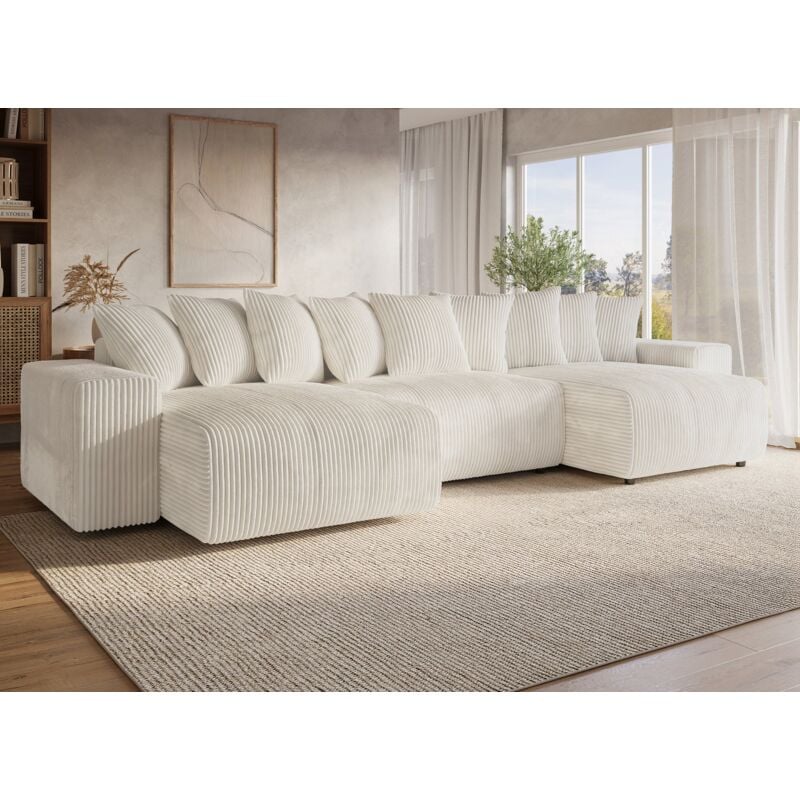 Deco In Paris - noelia - Canapé panoramique réversible convertible avec coffre en velours côtelé épais beige noelia