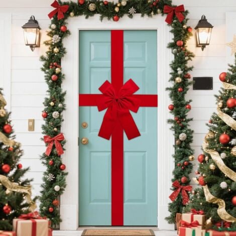 KZQ Nœud de porte de Noël rouge Décoration de porte de Noël Décoration de cheminée de porte d'entrée Décoration d'arbre de Noël 40x50cm
