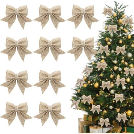 Noeud Rouge Noel, 10 Pièces Arcs de Noël Pailletés, Noeud de Ruban de Noël, Noeud Sapin Noel, Noeuds Pailletés, Decoration Sapin Noel