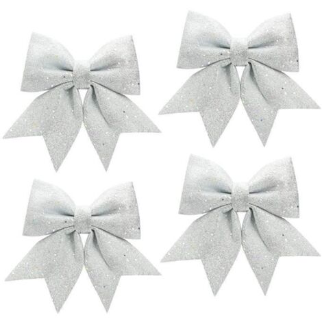 Nœuds de Noël à Paillettes 4 Pcs, VIPITH Décoration de Sapin en Forme de Nœud pour Arbre de Noël - Argenté (12 x 15 cm)