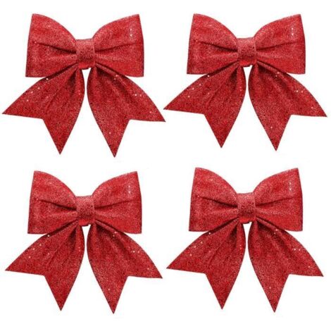 Nœuds de Noël à Paillettes 4 pièces, VIPITH Décoration de Sapin de Noël en Rouge (12 x 15 cm)