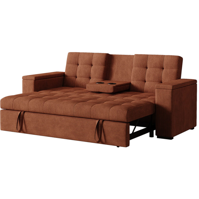 Concept-Usine – Canapé convertible 3 places terracotta en velours côtelé – Accoudoirs amovibles – Dimensions couchage 162 x 160 cm – Rangement intégré