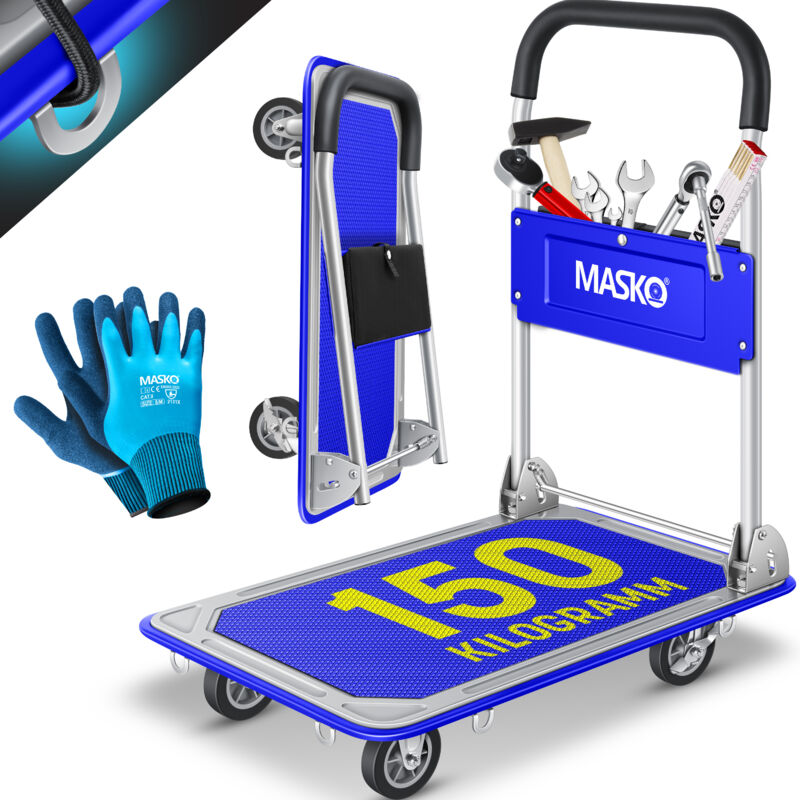 MASKO® Chariot à plate-forme Chariot de transport Chariot de stockage Rabattable Incl. gants de travail Frein de stationnement Aide au transport Avec