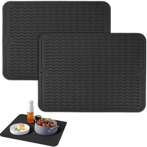 (Noir) 2 Pcs Tapis de Séchage Vaisselle en Silicone, 40x30 cm Tapis Egouttoir Vaisselle, Tapis égouttoir Vaisselle Antidérapant, Tapis de Drainage de Cuisine, Tapis Organisateur d'évier en.
