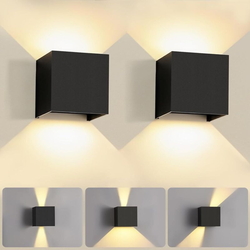 (Noir, 2 pièces) Applique murale d'intérieur LED 6W, angle de faisceau réglable, applique murale extérieure, lumière chaude 3000K, étanche, IP65,