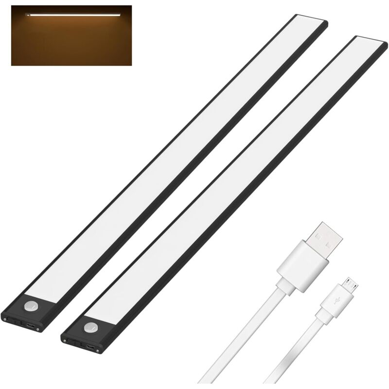 Noir 2pcs Lampe de Placard LED 60cm, Sans Fil, Rechargeable par USB, Aimanté, Détecteur de Mouvement, 3 Modes d’Éclairage, Portable, Lumière de Placar