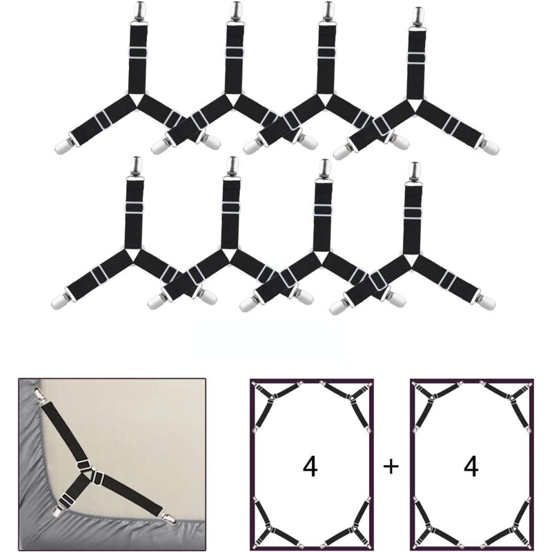 Noir 8 Pièces Drap de Lit Attaches, Réglable élastiques Triangle Sangles de Soutient pour Drap Housse et Drap Plat Draps de Lit, Matelas, Canapé
