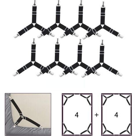 Noir 8 Pièces Drap de Lit Attaches, Réglable élastiques Triangle Sangles de Soutient pour Drap Housse et Drap Plat Draps de Lit, Matelas, Canapé Coussin, Nappes, Planche à Repasser