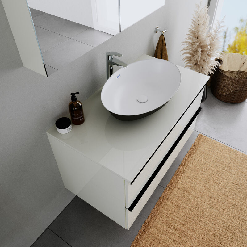 Duravit – Vasque à poser ovale 60x40x14,5 cm – Fonte minérale noir mat/blanc mat – Surface lisse hygiénique – Design adapté consoles