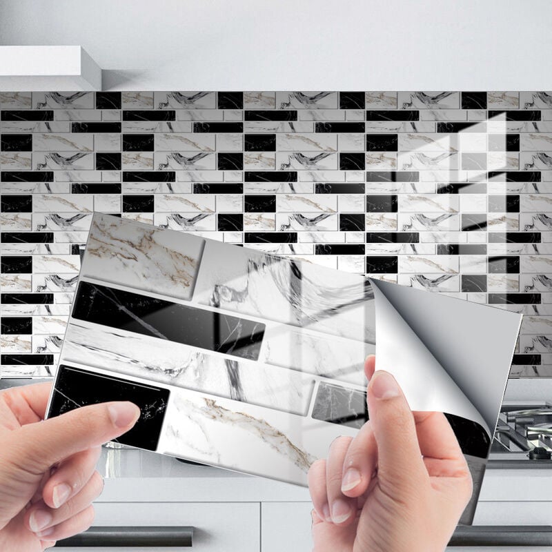 Csparkv - Noir Blanc,24pcs), Stickers Cuisine et Salle de Bain,Autocollant Mural Adhésive Décorative à Carreaux de Ciment,Adhesif pour Carrelage