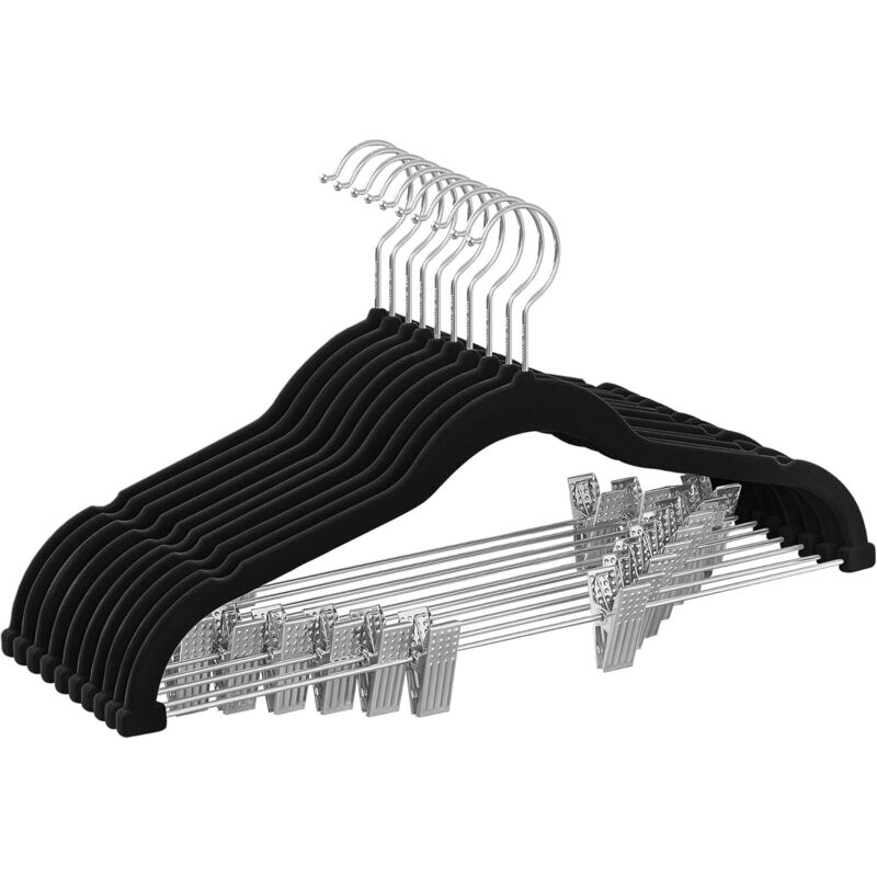 Noir Cintres pour Pantalons, Lot de 10, en Velours, Longueur 42,5 cm, avec Pinces Réglables, Antiglisse, Gain de Place, pour Pantalons, Manteaux,