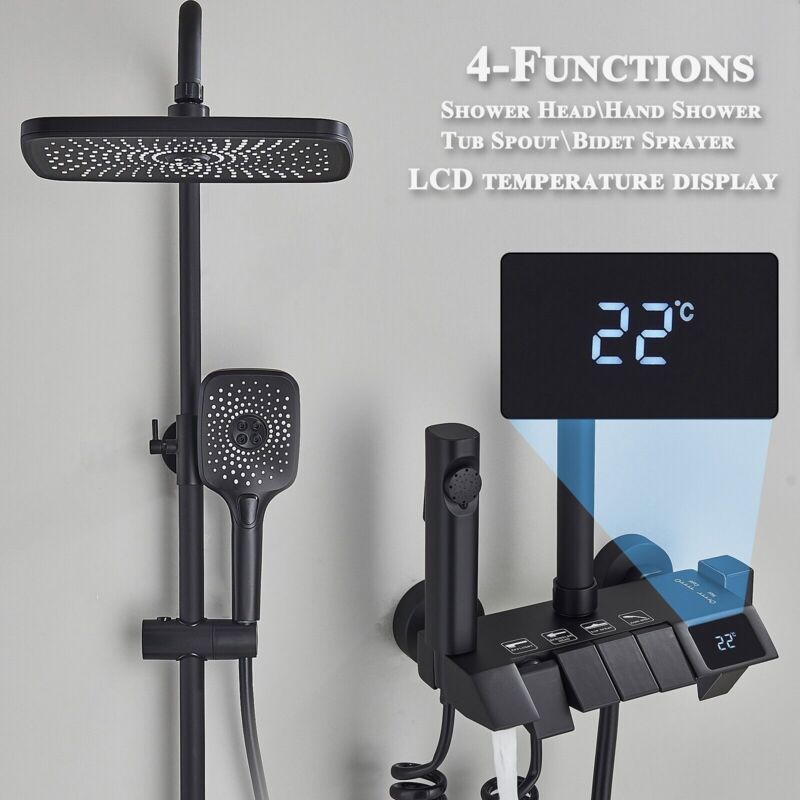 Noir Colonne de Douche avec 4 Fonctions avec lcd Affichage Température d'Eau- Ensemble de Douche Montage Mural Système de Douche avec 29cm 19cm Tête