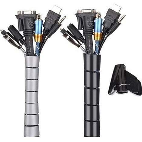 Noir et Gris, Cache Cable 2 Pack, Flexible Range  2x3M PE Câble Rangement Organisateur de Câble pour Ranger ou Cacher les câbles, Gaine pour câbles (2.8cm diamètre  et 2.2cmdiamètre ) , Organisateur