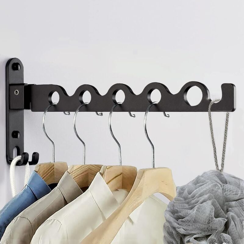 Noir Étendoir Mural, Cintre Mural Support de Séchage Pliable Crochet Cintre pour Balcon Rotation 90° Porte-vêtements Pliable Mural pour Salle Bain,
